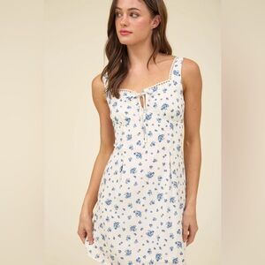 Mine Floral Square Neck Tie Mini Dress - White/Blue Floral - Size Small